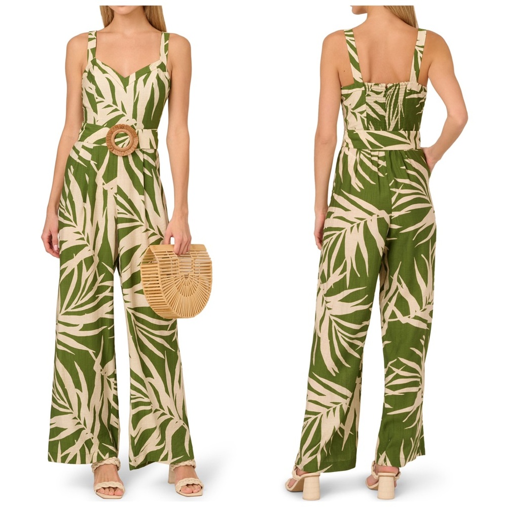 Adrianna Papell Print Sleeveless Wide Leg Jumpsuit Green Ivory Rattan Belted 10